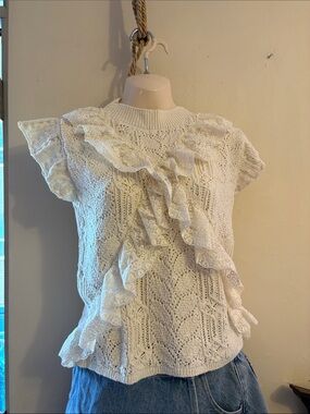 Zara White Lace-Ruffle Knit Tunic